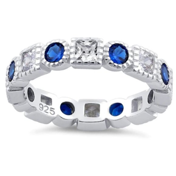 925 STERLING SILVER Blue Spinel & Clear CZ Bezel Set Eternity Band Ring - Picture 12 of 14